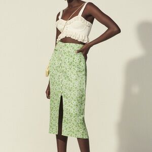 Sandro Straight Printed Skirt With Buttons/ Lavande Skirt in Green Floral Linen